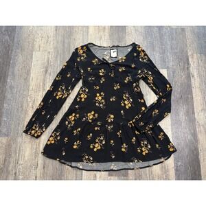 SO Womens Floral Babydoll Tunic Top Black Yellow Long Sleeve Tie V-Neck Small